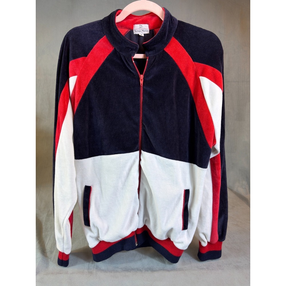 Vtg 90s Men Neiman Marcus Velour Colorblock Track Jacket Red White Blue Preppy M